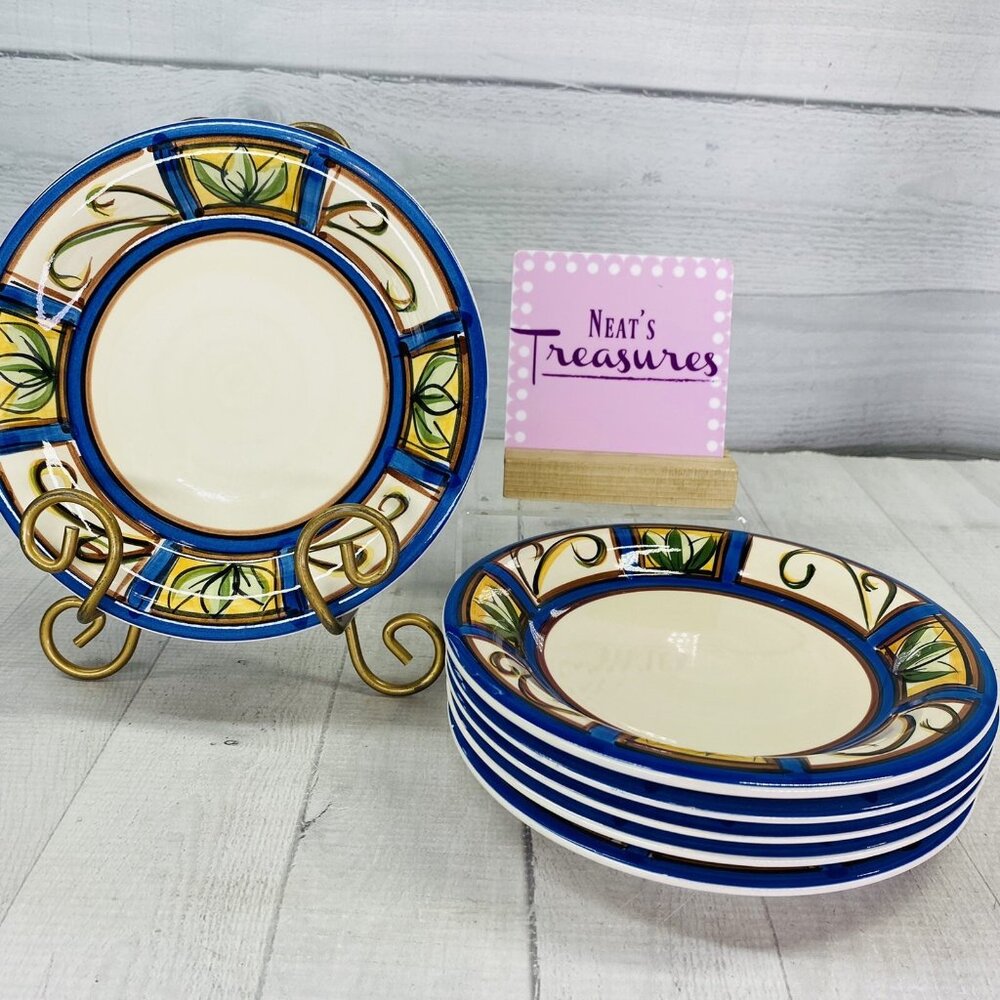 Liddy GREEN PLANTS Hand Painted Blue Trim Ceramic Salad Snack Round Plates Set 6